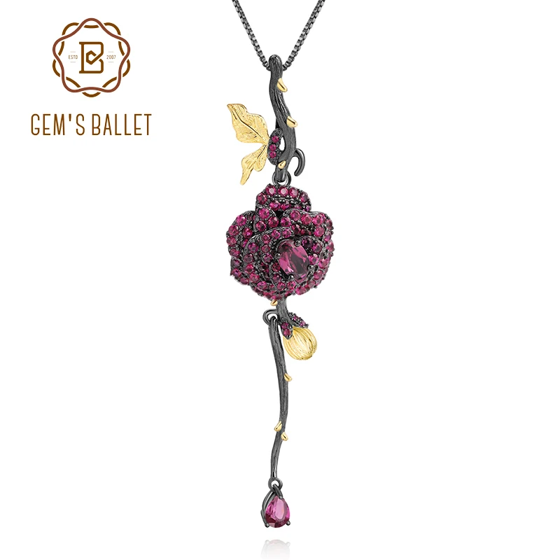 

GEM'S BALLET Black & 18k Gold Over 925 Silver Two Tone Handmade Rose Flower Natural Rhodolite Garnet Pendant Necklace For Women