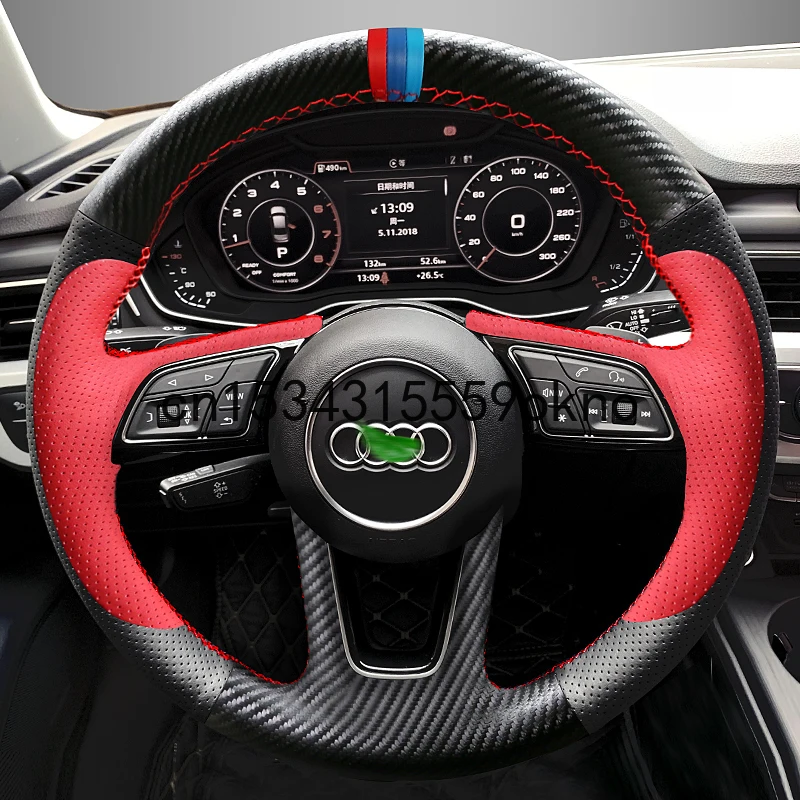 

DIY Black Red Leather Carbon Fibre Steering Wheel Cover Custom For Audi A4L A6L Q7 Q5 A3 A8L A1 Interior Accessories