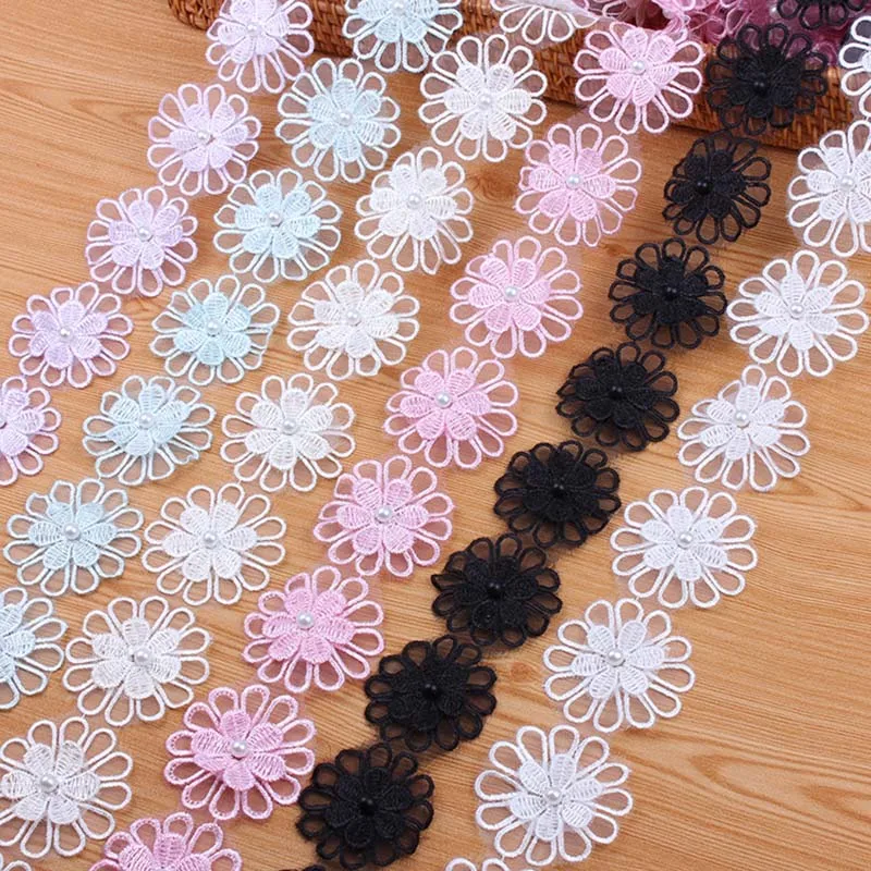 

20Yards Organza Flowers Pearls 5cm Width Lace Fabric Edge Trim Wedding Decoration Applique Pink White Purple DIY Sewing Craft