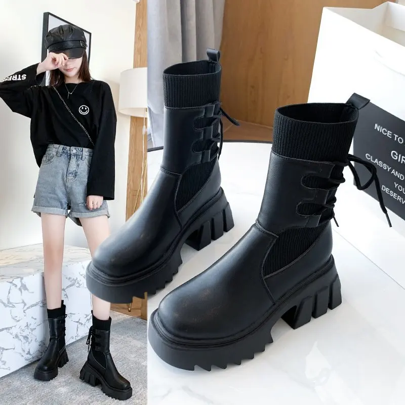British stretch lace-up platfrom botas stripes fabric stitching pu mid-calf boots celebrities elevated motorcycle botines mujer
British stretch lace-up platfrom botas stripes fabric stitching pu mid-calf boots celebrities elevated motorcycle botines mujer