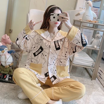 Pajama Sets Women Long Sleeve Autumn 2XL Cardigans Printed Elegant Thin Trendy Korean Style Homewear Pockets Womens Pyjamas