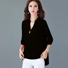 Grande blusa feminina tamanho 5xl novo 2020 verão camisas curtas com decote em v casual chiffon blusas femininas preto básico topos lx1601(China)