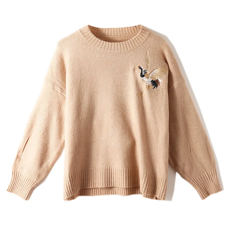 19 Autumn new round collar pullover sweater, fairy crane embroidery Korean version loose warm knitted sweater wholesale
19 Autumn new round collar pullover sweater, fairy crane embroidery Korean version loose warm knitted sweater wholesale