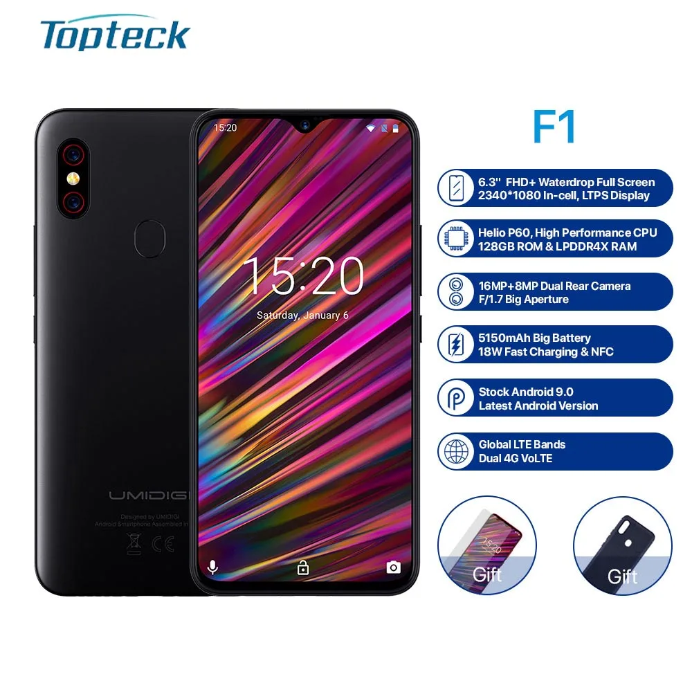 

UMIDIGI F1 Mobile Phone Android 9.0 6.3Inch FHD+ 128GB ROM 4GB RAM Helio P60 Octa Core Fast Charge 5150mAh NFC 16MP smartphone