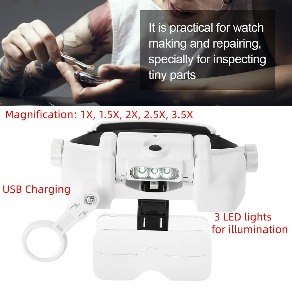 USB зарядка головная Лупа 1X 1.5X 2X 2.5X 3.5X с 3 регулируемыми светодиодный светильник