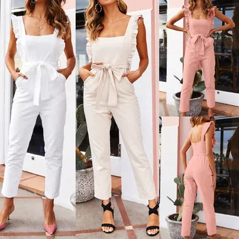 

Summer Overalls For Women Linen Shirred Frill Sleeves Pockets Jumpsuit Buzos Mujer Ladies Belted Summer Romper Holiday Robe #C2