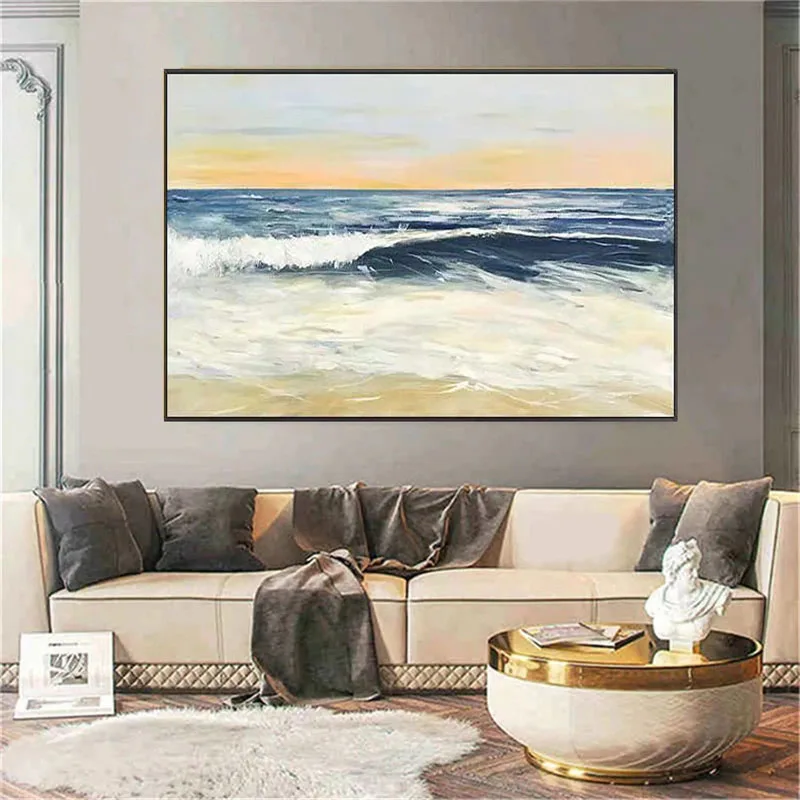 

Hand-painted Modern Oil Painting Abstract Seascape Ocean Wave Sunrise Texture Canvas Painting Living Room Decorative Wall Art