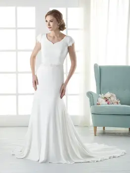 New Mermaid Crepe Modest Wedding Gowns WIth Cap Sleeves V Neck Luxury Beaded Elegant Reception Modest Gowns Custom Made 
New Mermaid Crepe Modest Wedding Gowns WIth Cap Sleeves V Neck Luxury Beaded Elegant Reception Modest Gowns Custom Made