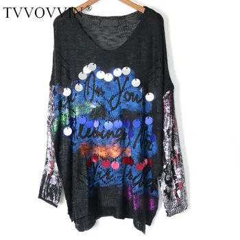 

Korea Thin Hollow Out Letter Sequin Sweater Women Clothes 2019 Fashion Vintage Loose Irregular V Neck Full Sleeve New Y067