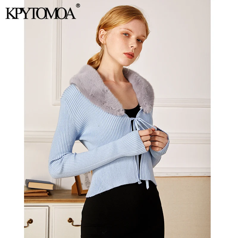 KPYTOMOA женский модный вязаный кардиган с пэчворком из искусственного меха