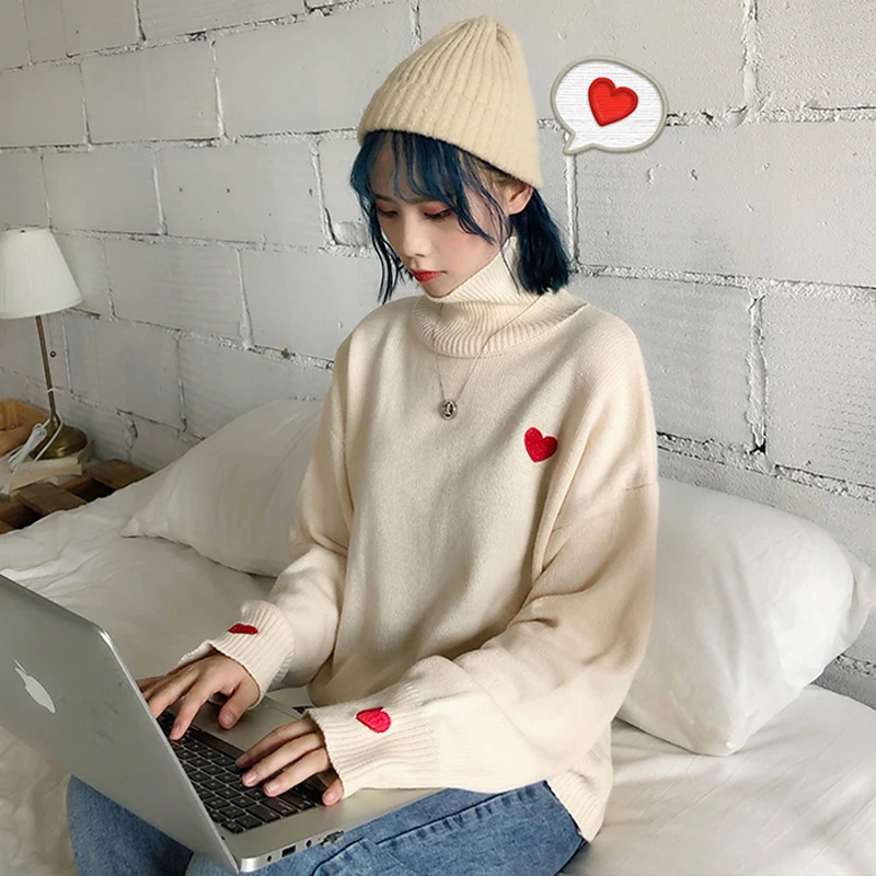 2019 Fashion Autumn Winter Embroidery Sweater Women Harajuku Korean Sweet Long Sleeve Turtleneck Top Pullover Female | Женская одежда