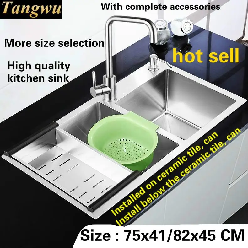 

Free shipping Deluxe big kitchen sink manual double groove 4MM thick food grade 304 stainless steel durable 75x41/78x43/82x45 CM