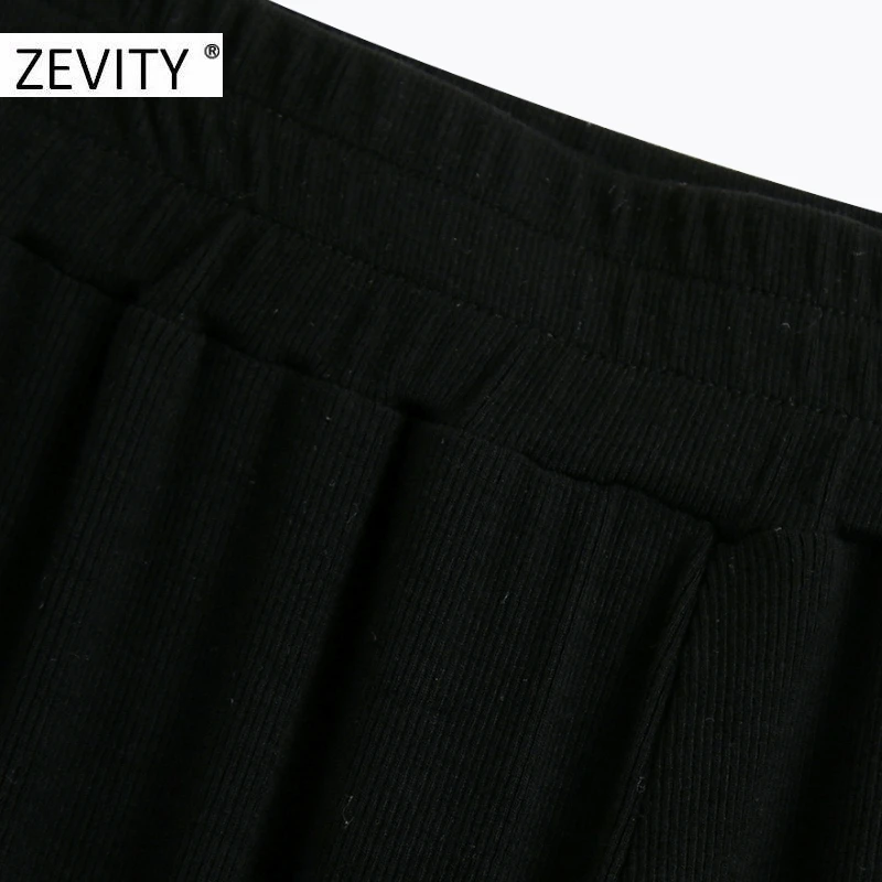 ZEVITY New Women fashion solid color pleats knitting straight pants female elastic waist slim Trousers chic hem split pants P936