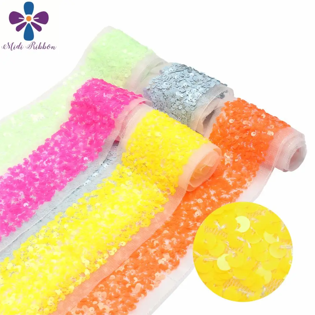 

3"75mm Scatter Sequin Tape (Back Side with Tulle, 9.5cm Width Added 1cm Edge) 25.5yards/Pack(3*8.5y/roll) DIY Hair Bowknots