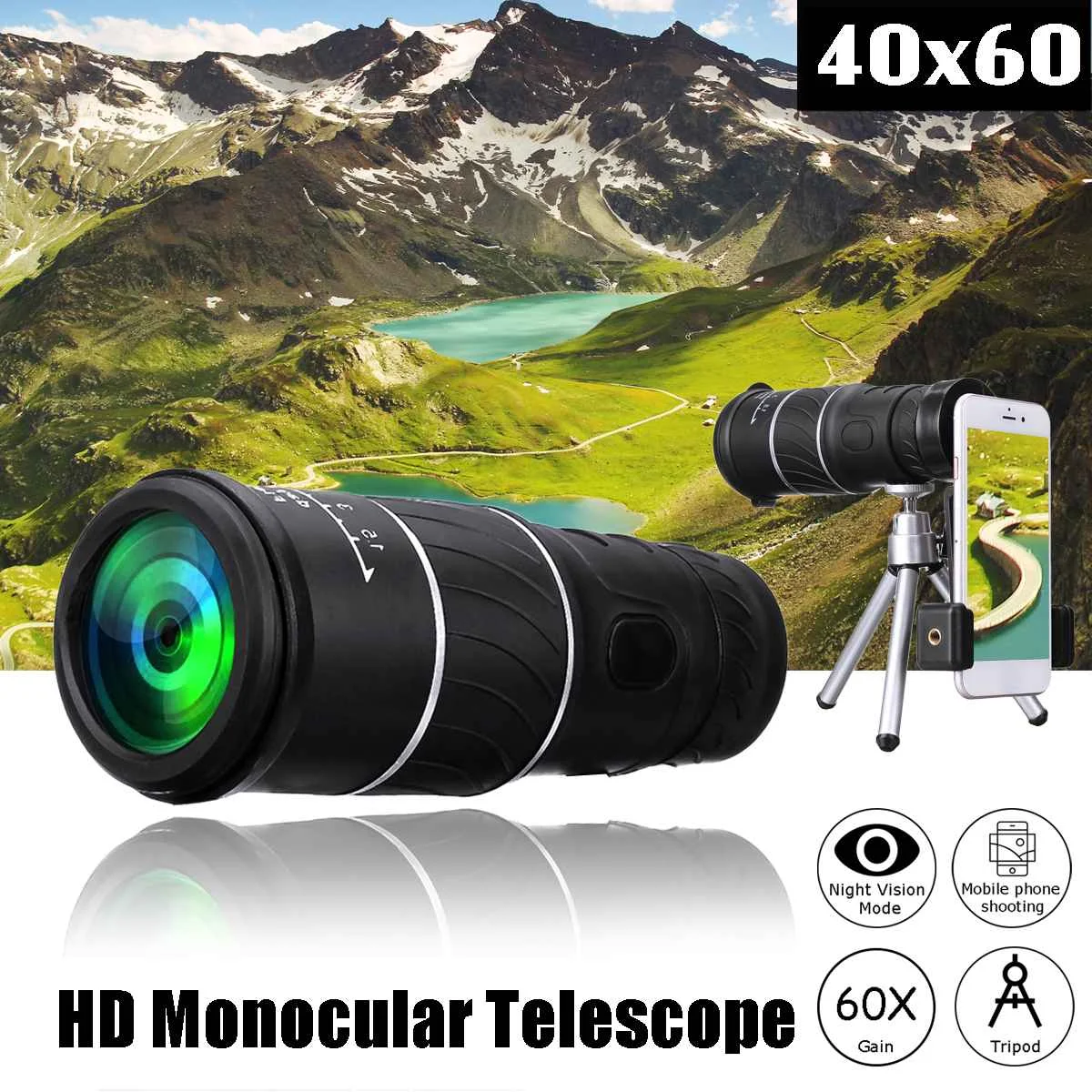 40X60 HD Monocular Telescope + Tripod + Clip For Outdoor Camping Hunting Mobile Phone Telescope Monocular Telescope
40X60 HD Monocular Telescope + Tripod + Clip For Outdoor Camping Hunting Mobile Phone Telescope Monocular Telescope