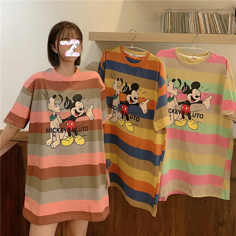 Mickey Mouse T-shirts Rainbow Stripe Women Tops Cartoon Disney Bluto Female Clothes Summer Women Tshirts Casual Lady Tshirts Tee