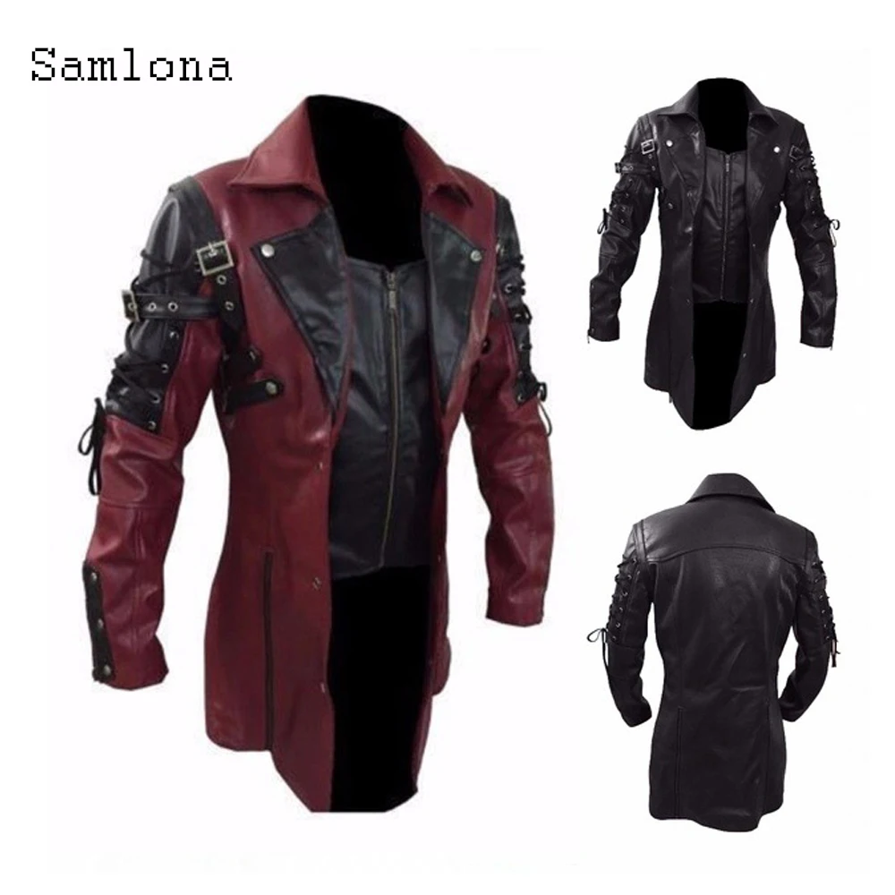 Mens Pu Leather Jackets Autumn Patchwork Lace-up Motorcycle Jacket Zipper Faux Leather Coats Sequined Overcoat Men Clothing 2020
Mens Pu Leather Jackets Autumn Patchwork Lace-up Motorcycle Jacket Zipper Faux Leather Coats Sequined Overcoat Men Clothing 2020