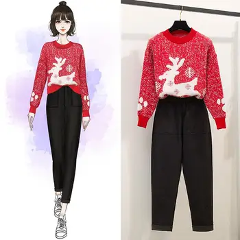 Autumn Winter Christmas Suits Fashion Long Sleeve Red Knitted Reindeer Sweater+Casual Pants Sets Two Piece Suits 2 Pcs Women Set
Autumn Winter Christmas Suits Fashion Long Sleeve Red Knitted Reindeer Sweater+Casual Pants Sets Two Piece Suits 2 Pcs Women Set