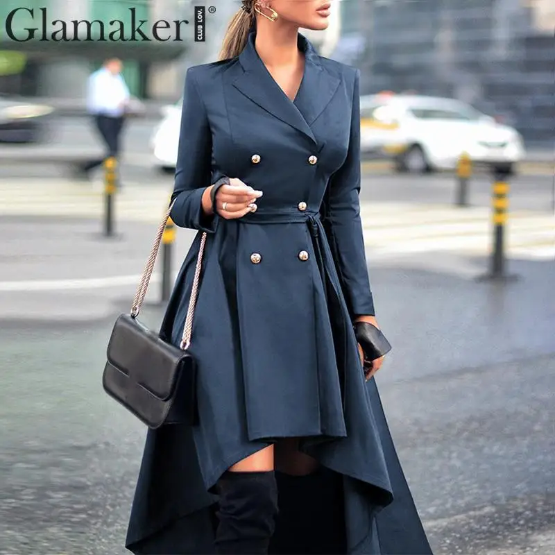 Фото Glamaker Blue office double breasted fashion women coat Long sleeve bandage elegant spring Sexy party trench plus size | Женская одежда