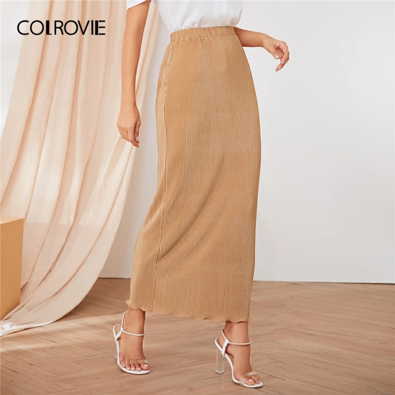 

COLROVIE Khaki Rib-knit Lettuce Trim hem Skirt Women 2019 Autumn Ladies Maxi Skirt High Waist Bodycon Elegant Solid Skirts