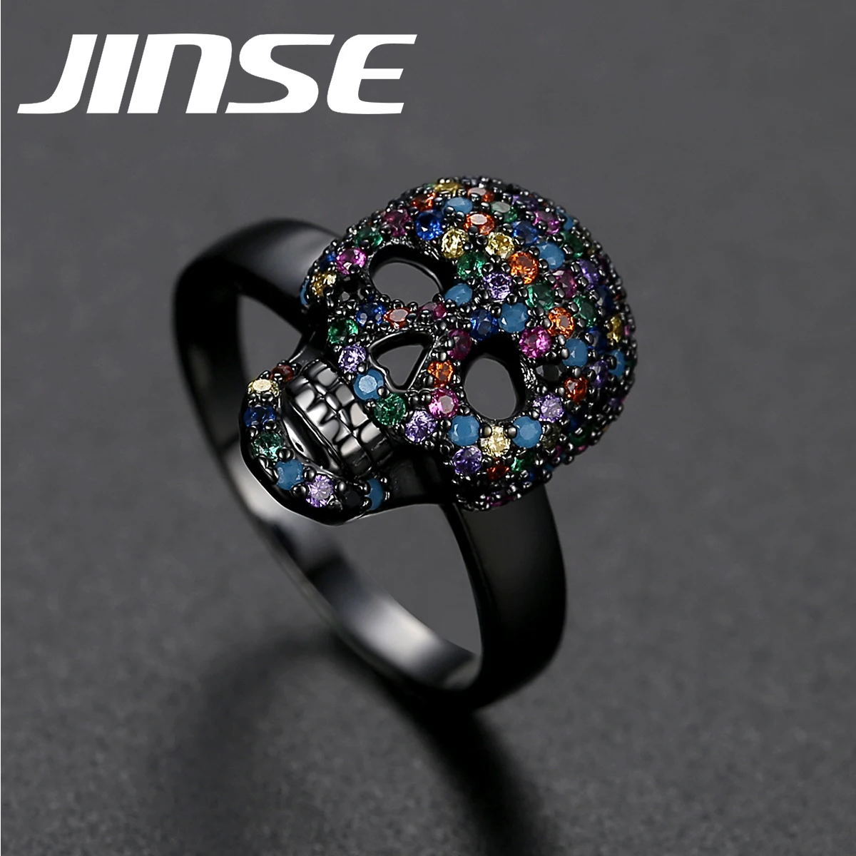JINSE панк красочные CZ Скелет дьявол кольцо черный белый Bling Циркон Череп лицо