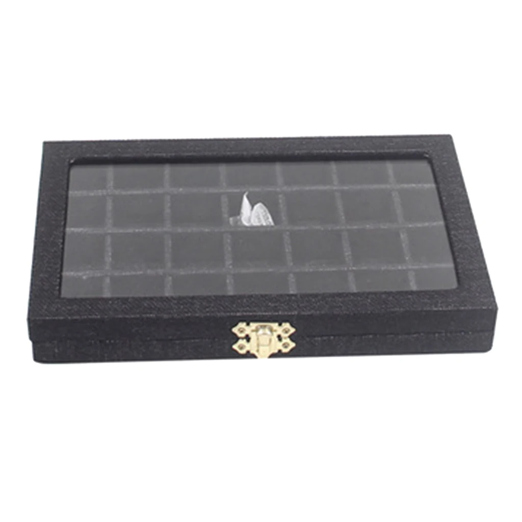 Sackcloth Linen Clear Lid Jewelry Tray Showcase Display Storage Box (28 Grids Sackcloth Jewelry Box)