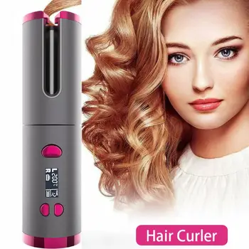 Cordless Hair Waver USB Charging Hair Curler LCD Display Auto Rotating Styling Tool with Timer Function