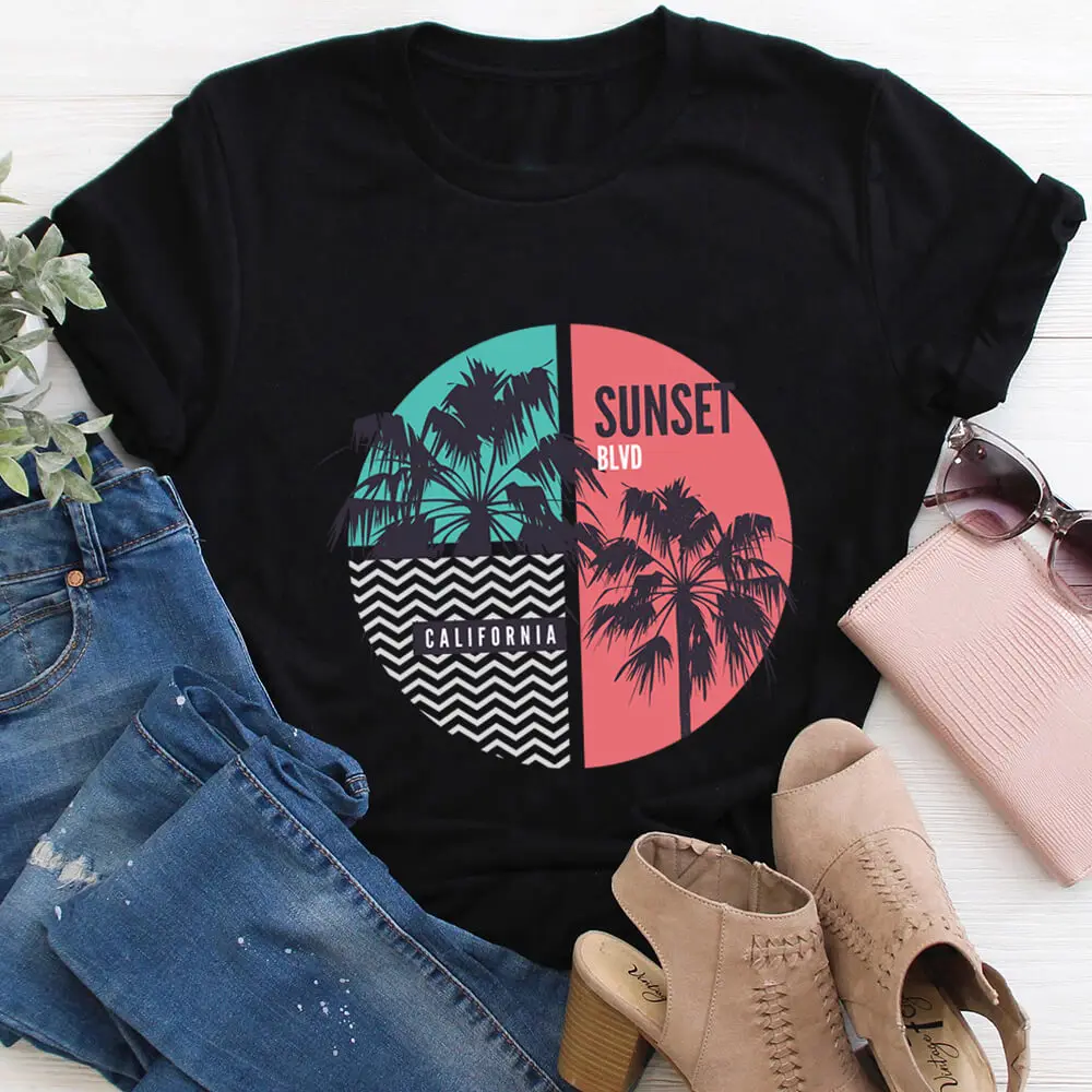 

Sunset Forest 100%Cotton Printed Women Tshirt Vacation T Shirt Women's Summer Casual O-Neck Short Sleeve Top Holiday Shirts