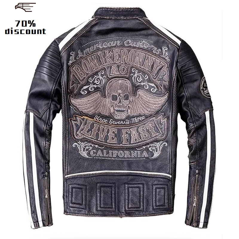2020 Vintage Black Men Skull Embroidery Biker's Leather Jacket Plus Size XXXXL Genuine Cowhide Autumn Slim Fit Motorcycle Coat
2020 Vintage Black Men Skull Embroidery Biker's Leather Jacket Plus Size XXXXL Genuine Cowhide Autumn Slim Fit Motorcycle Coat