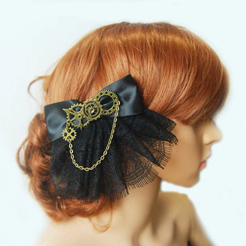 

Girls Steampunk Gear Chain Hair Clip Goth Punk Vintage Lolita Lady Ribbon Lace Headwear hair accessories