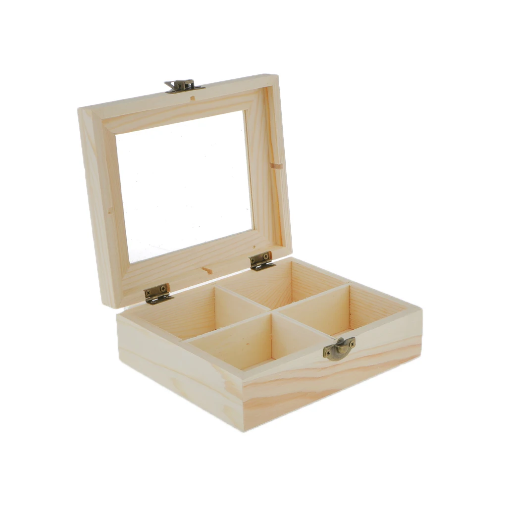 Natural 4 Grids Unpainted Wood Jewelry Storage Box Chest Case With Glass Lid Natural 4 Grids Unpainted Wood Jewelry Storage Box Chest Case With Glass Lid