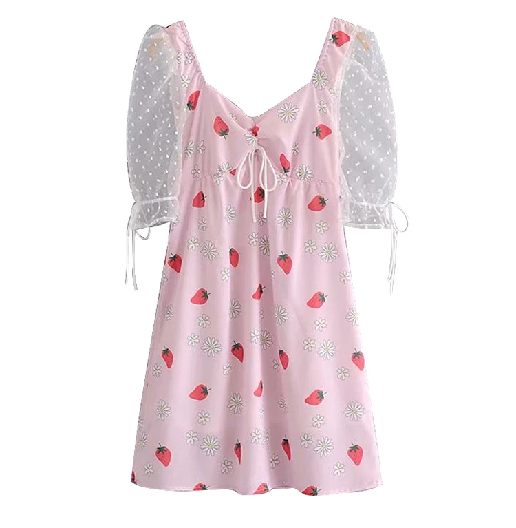 AOEMQ Summer Dresses Sweet Lolita Princess Little Girl Fairy Midi Dress Asymmetrical Collar Strawberry Fruit Print Women | Женская