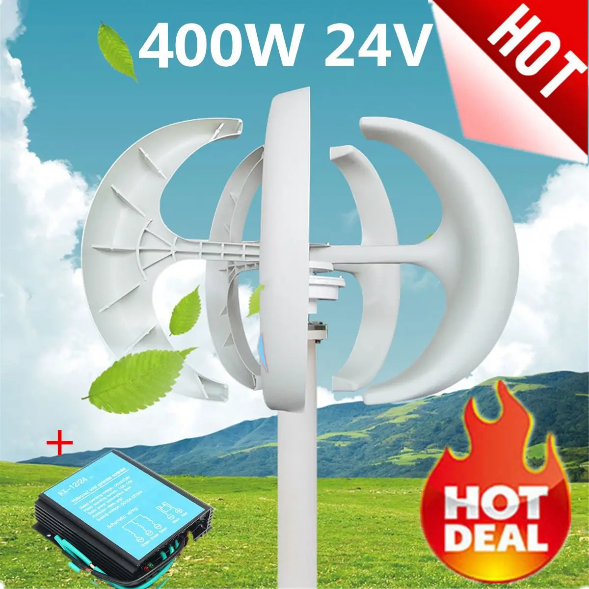 24V 400W Vertical Axis Wind Generator VAWT Boat Garden with Controller 5-Blades 3-Phase AC Permanent-Magnet Synchronous
24V 400W Vertical Axis Wind Generator VAWT Boat Garden with Controller 5-Blades 3-Phase AC Permanent-Magnet Synchronous