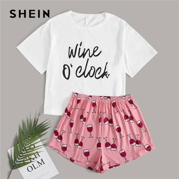 

SHEIN Plus Size Slogan Graphic Tee and Wine Cup Shorts Pajama Sets 2020 Women Summer Sleepwear Loungewear Casual Plus PJ Set