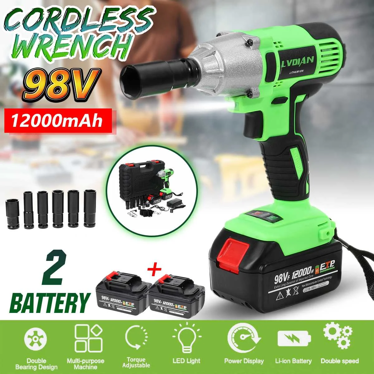 98V 12000mAh Dual Battery Cordless Electric Wrench Impact Wrench Battery Electric Screwdriver Power Tool Electrician
98V 12000mAh Dual Battery Cordless Electric Wrench Impact Wrench Battery Electric Screwdriver Power Tool Electrician