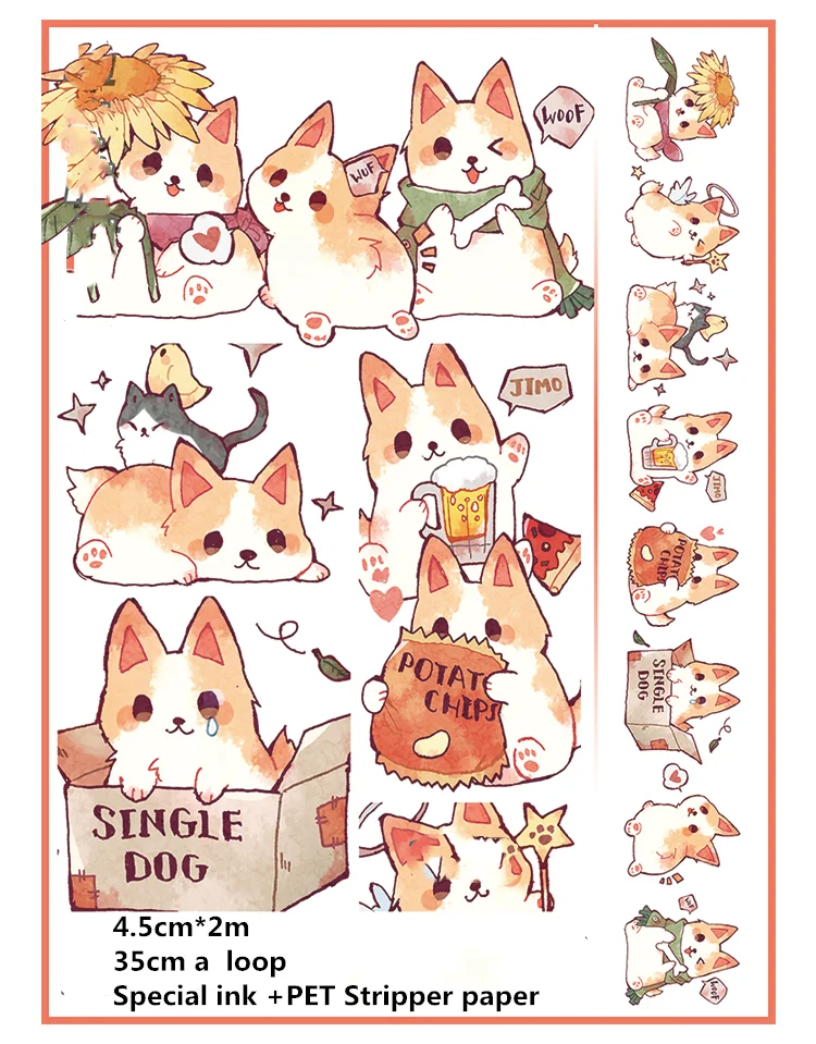 4.5cm wide Cute Dog Corgi Decoration Washi Tape DIY Scrapbooking Masking Tape Animal Stationery Stickers
4.5cm wide Cute Dog Corgi Decoration Washi Tape DIY Scrapbooking Masking Tape Animal Stationery Stickers