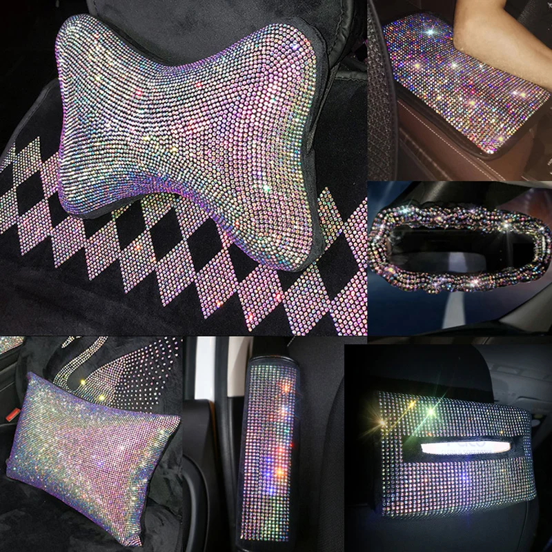 Crystal-Car-Seat-Belt-Cover-Pad-Neck-Pillow-Diamond-Steering-Wheel-Cover-Bling-Auto-Interior-Accessories