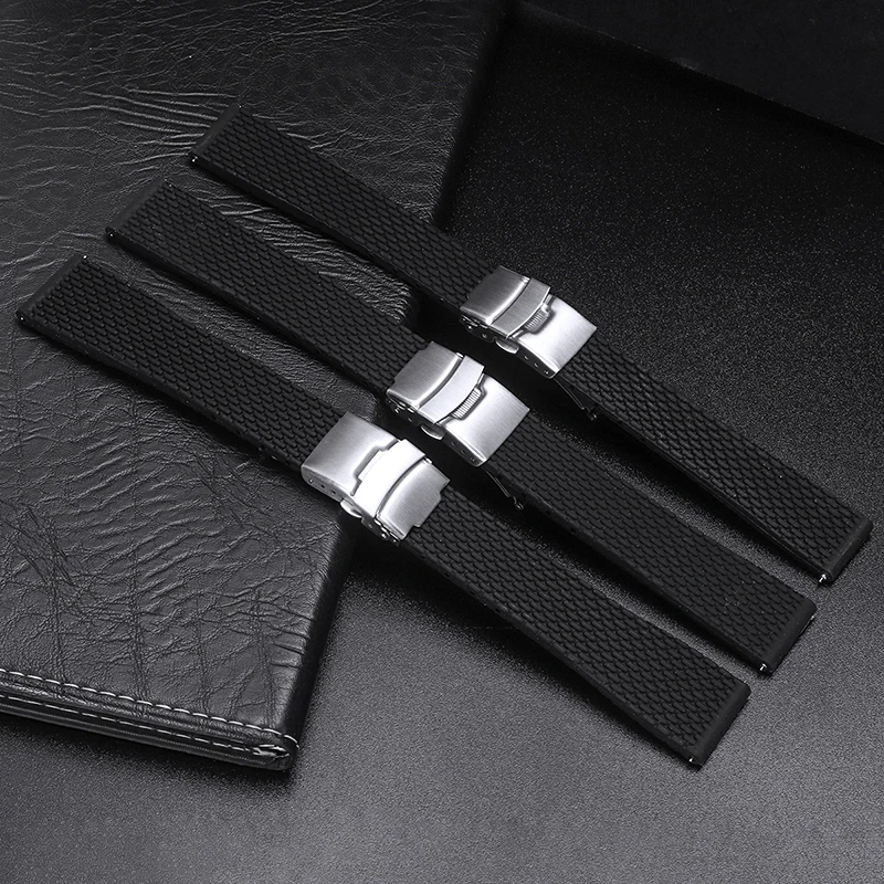 18/20/22/24 mm Black Silicone Strap Silver Metal Folding Clasp Fashion Universal Rubber Replacement Watchbands For Women Men
18/20/22/24 mm Black Silicone Strap Silver Metal Folding Clasp Fashion Universal Rubber Replacement Watchbands For Women Men