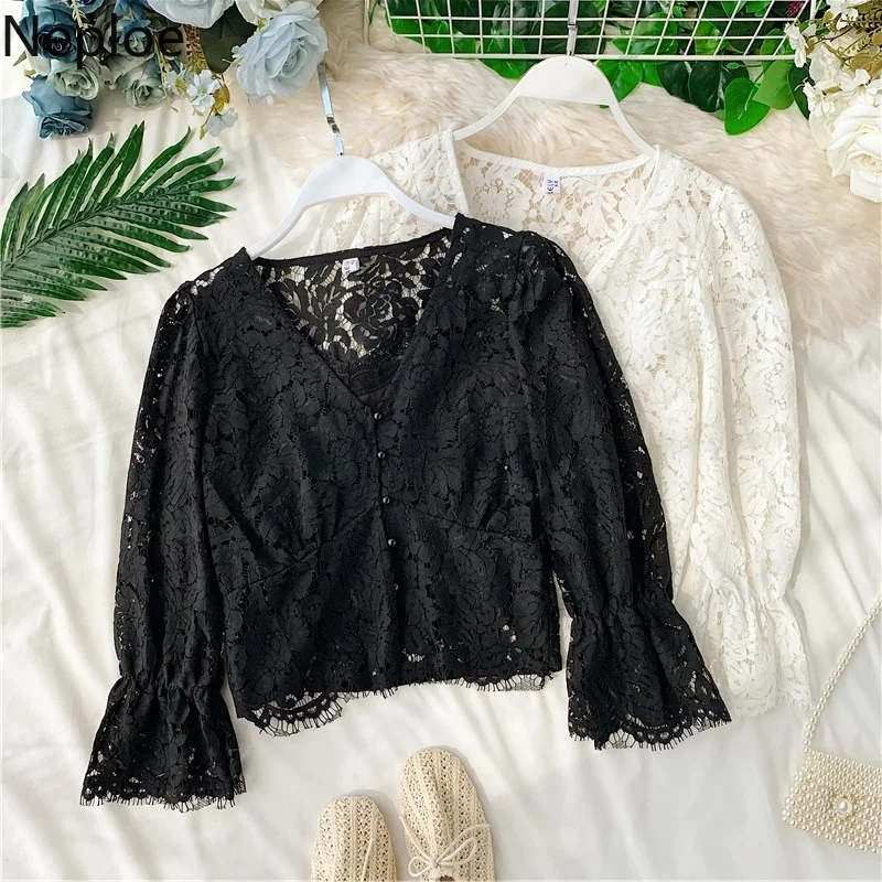 Neploe Perspective Hollow-out Lace Two-piece Set Single Breasted V-neck Flare Sleeve Short Blouse + Camis Korean 2pcs Sets 54012
Neploe Perspective Hollow-out Lace Two-piece Set Single Breasted V-neck Flare Sleeve Short Blouse + Camis Korean 2pcs Sets 54012