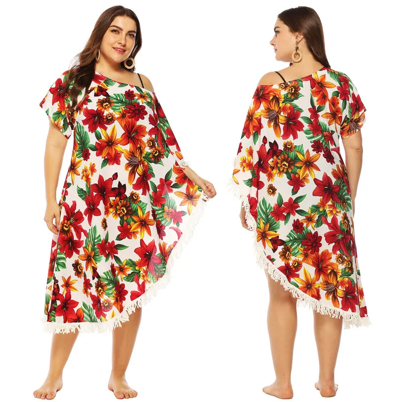Beach Dresses Cover Up Woman Bikinis Female 2018 Pareo Women Bathing Suit Ups Off Shoulder Word Brought Flowers Print Bikini