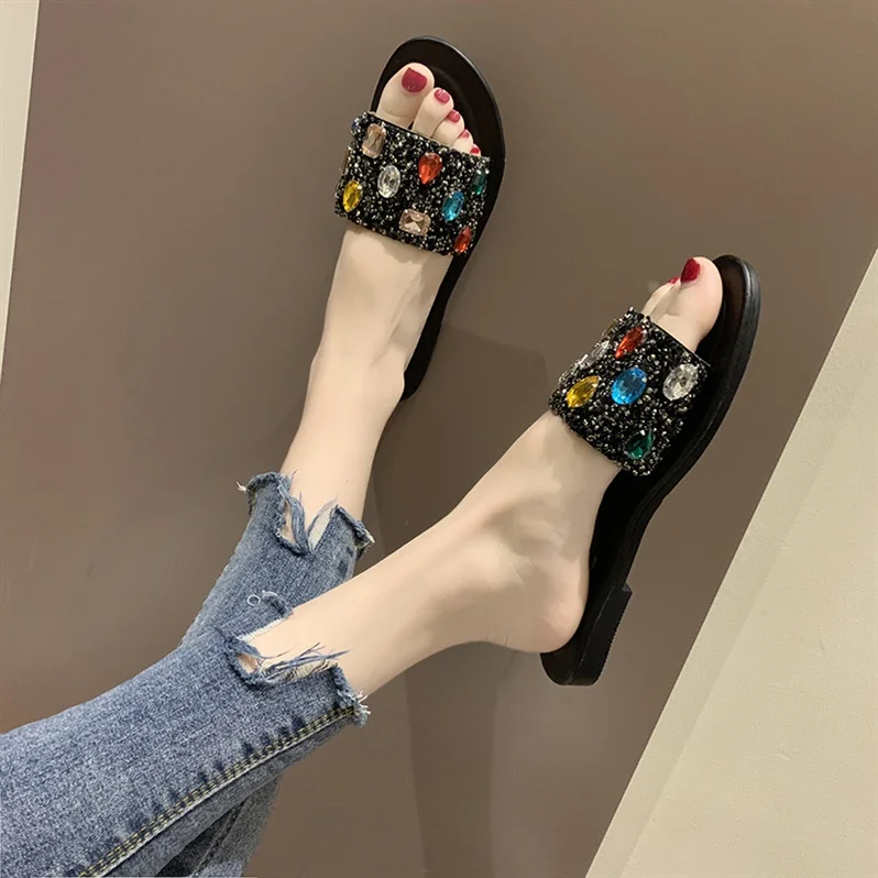 New summer women's slippers 2020 color matching fashion rhinestone wear casual flat bottom comfortable wild word | Обувь