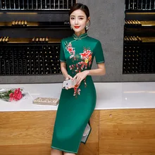 Nueva llegada verano femenino chino tradicional Mini vestidos de rayón estampado flor Qipao mandarín Collar Delgado Cheongsam tamaño S-XXXXL(China)