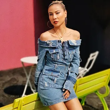 2020 Spring and Summer Sexy Hole Denim Dress Women Off Shoudler Mini Club Dress Bandage and Pocket
2020 Spring and Summer Sexy Hole Denim Dress Women Off Shoudler Mini Club Dress Bandage and Pocket