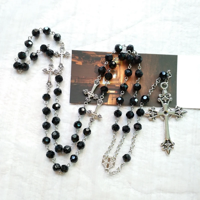 QIGO Black Crystal Rosary Necklace Long Cross Pendant For Men Women Religious Jewelry | Украшения и аксессуары