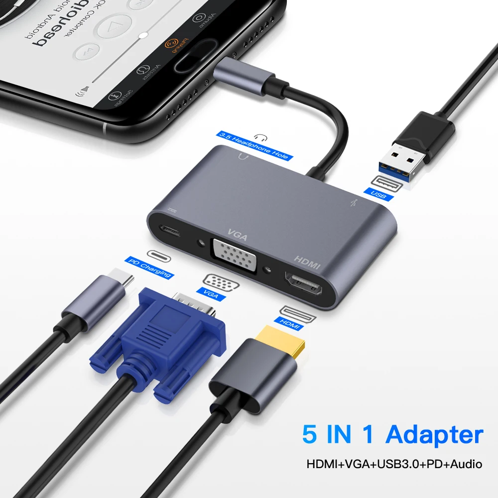 TypeC Adapter 5-in-1 Thunderbolt 3 USB Type C Hub to HDMI VGA 3.5mm Jack USB Adapter with Type-C Power Delivery for MacBook Pro
TypeC Adapter 5-in-1 Thunderbolt 3 USB Type C Hub to HDMI VGA 3.5mm Jack USB Adapter with Type-C Power Delivery for MacBook Pro