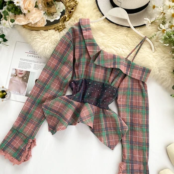 New Sexy Strapless Shoulder Camis Blouse Women Slim Waist Lace Up Flare Long Sleeve Summer Vintage Plaid Shirt Short Blusas Tops
New Sexy Strapless Shoulder Camis Blouse Women Slim Waist Lace Up Flare Long Sleeve Summer Vintage Plaid Shirt Short Blusas Tops