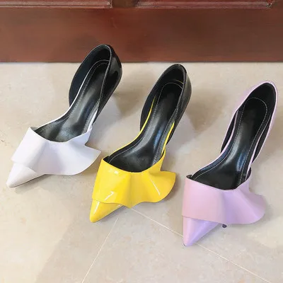 

Ruffled high heels patent leather shallow sexy ladies pumps pointed toe stiletto single shoes slip on party wedding sandals