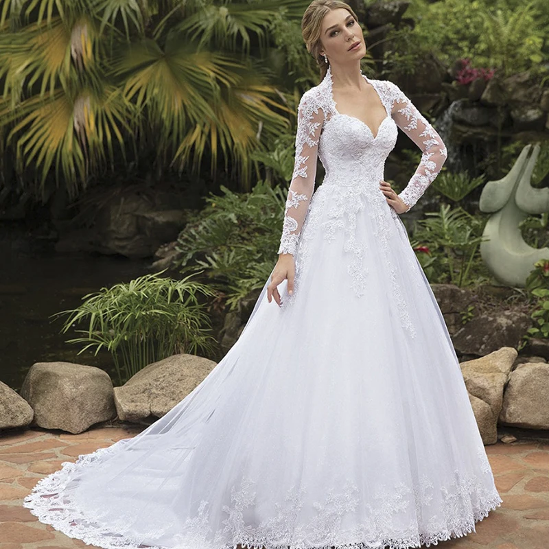 Long Sleeve White Wedding Dress Lace Applique A Line Court Train Sheer Back with Button abiti da sposa vestido de noiva 2019
Long Sleeve White Wedding Dress Lace Applique A Line Court Train Sheer Back with Button abiti da sposa vestido de noiva 2019