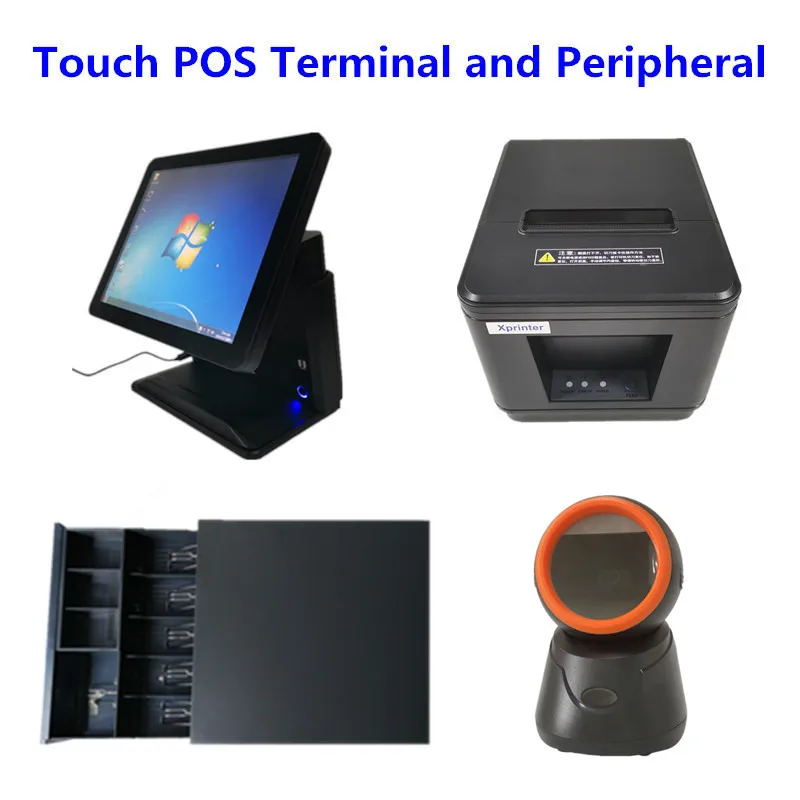 

POS System 15" Touch Panel Cash Register & Cash Drawer & 80mm Thermal Receipt Printer with Auto Cutter & Barcode Scanner