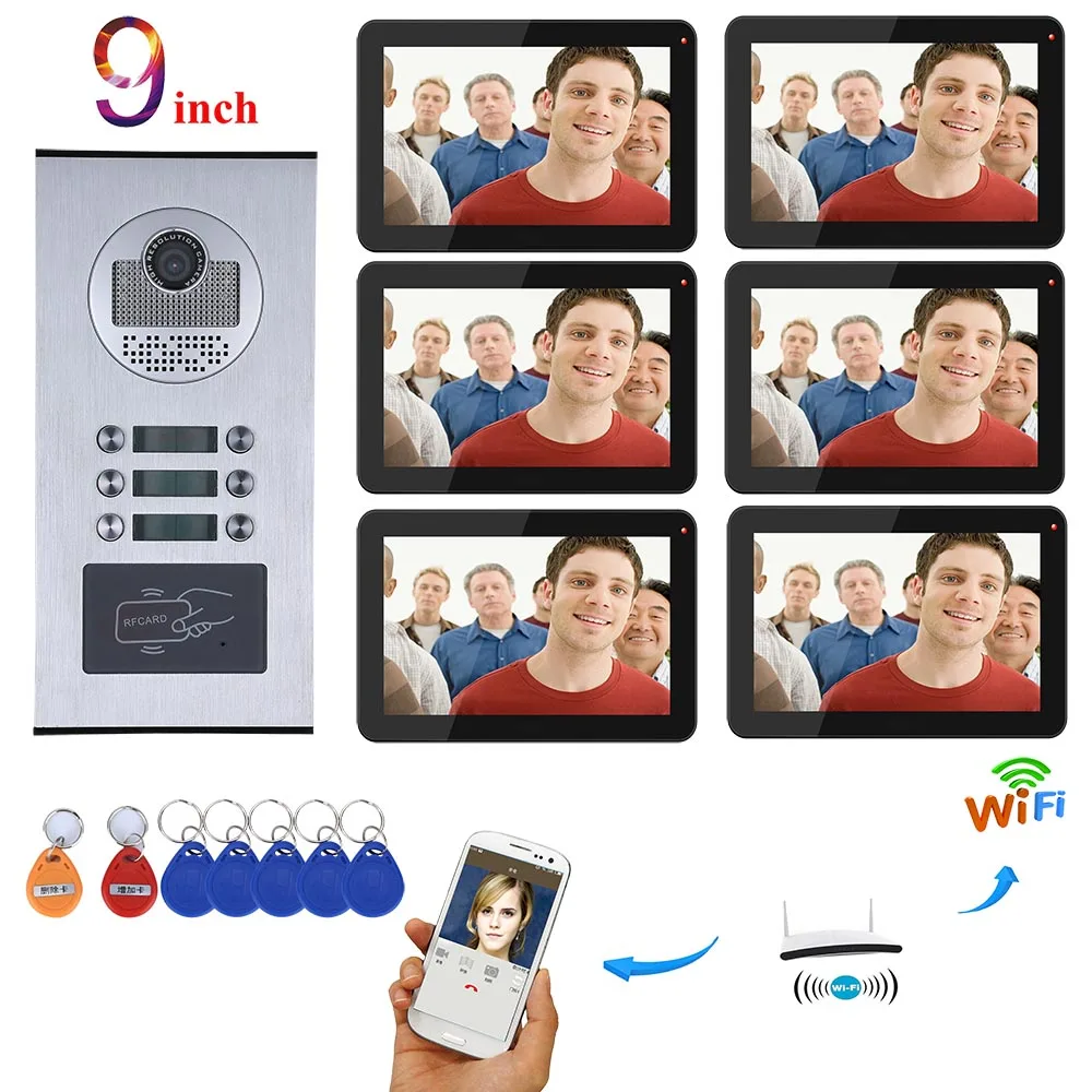 9 inch Wired Wifi Apartments Video Door Phone Intercom System RFID Keyfobs HD 1000TVL Camera with 3/4/5/6/12 Apartment/Family |